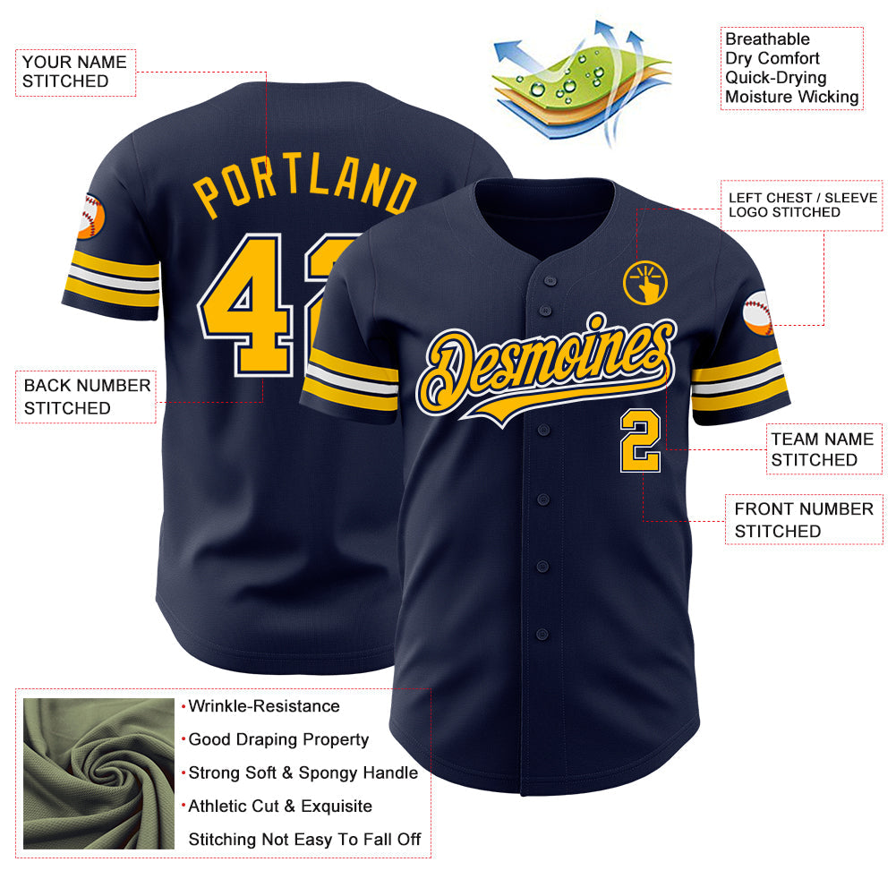 Custom Navy Gold-White Authentic Baseball Jersey - Sky-Custom