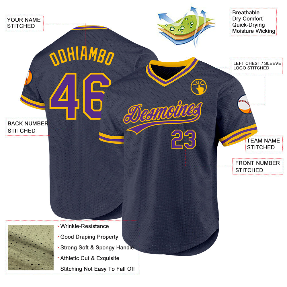 Custom Navy Purple-Gold Authentic Throwback Baseball Jersey - Sky-Custom