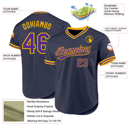 Custom Navy Purple-Gold Authentic Throwback Baseball Jersey - Sky-Custom