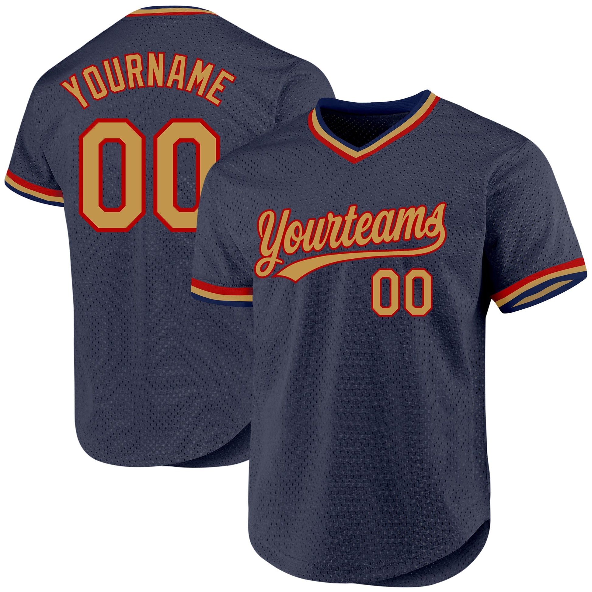 Custom Navy Old Gold-Red Authentic Throwback Baseball Jersey - Sky-Custom