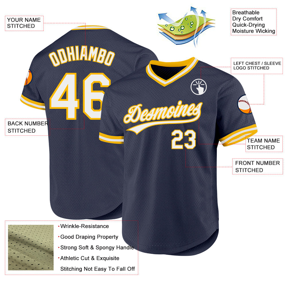 Custom Navy White-Gold Authentic Throwback Baseball Jersey - Sky-Custom