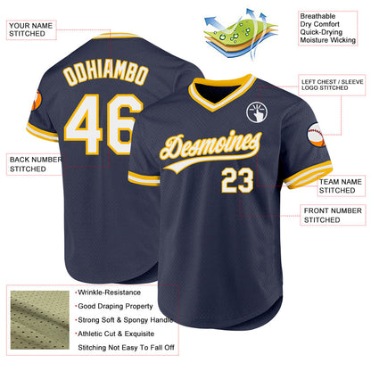 Custom Navy White-Gold Authentic Throwback Baseball Jersey - Sky-Custom