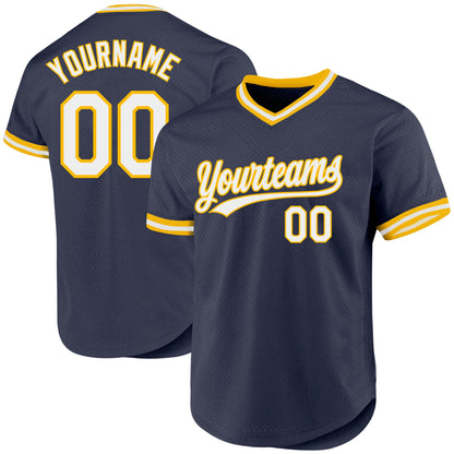 Custom Navy White-Gold Authentic Throwback Baseball Jersey - Sky-Custom
