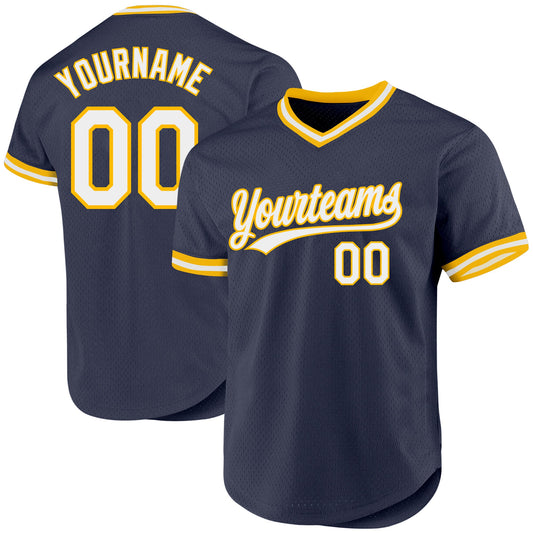 Custom Navy White-Gold Authentic Throwback Baseball Jersey - Sky-Custom