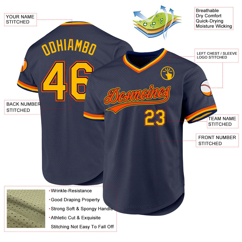 Custom Navy Gold-Orange Authentic Throwback Baseball Jersey - Sky-Custom