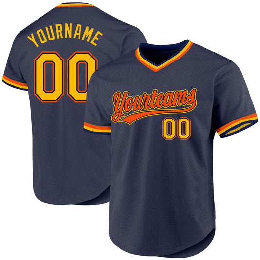 Custom Navy Gold-Orange Authentic Throwback Baseball Jersey - Sky-Custom