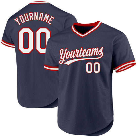 Custom Navy White-Red Authentic Throwback Baseball Jersey - Sky-Custom