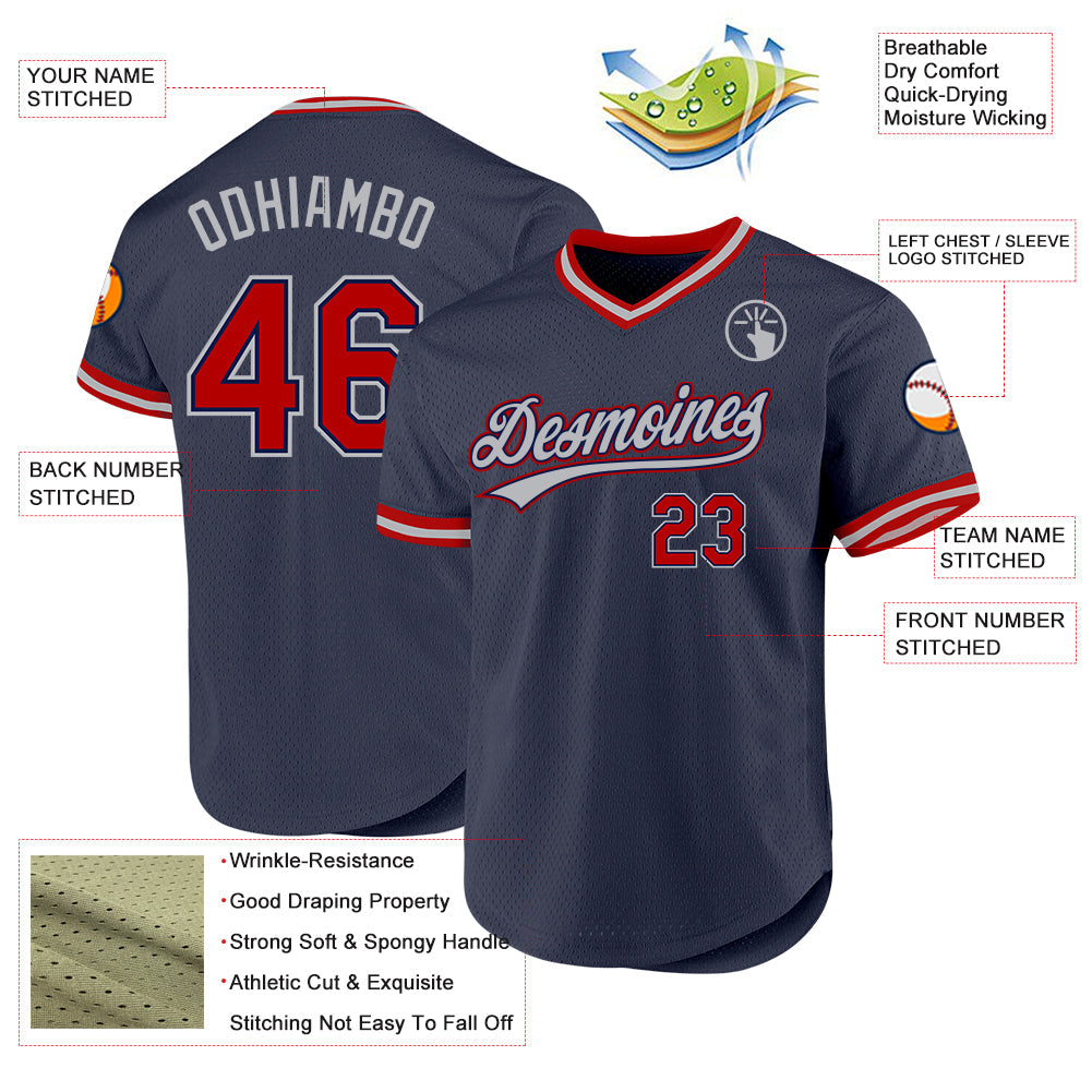 Custom Navy Red-Gray Authentic Throwback Baseball Jersey - Sky-Custom