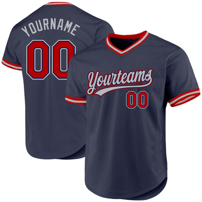 Custom Navy Red-Gray Authentic Throwback Baseball Jersey - Sky-Custom