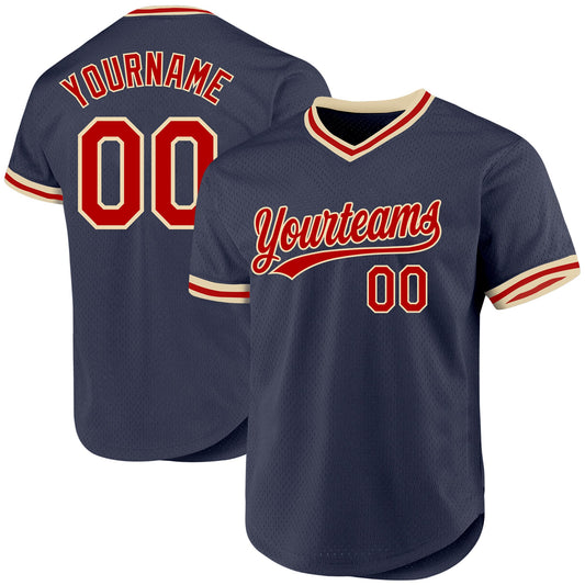 Custom Navy Red-Cream Authentic Throwback Baseball Jersey - Sky-Custom