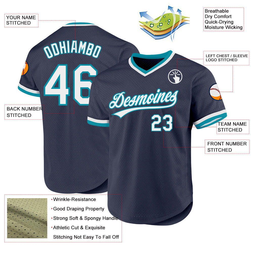 Custom Navy White-Teal Authentic Throwback Baseball Jersey - Sky-Custom