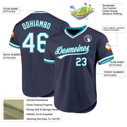 Custom Navy White-Teal Authentic Throwback Baseball Jersey - Sky-Custom