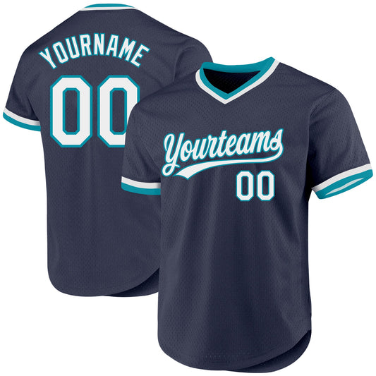 Custom Navy White-Teal Authentic Throwback Baseball Jersey - Sky-Custom