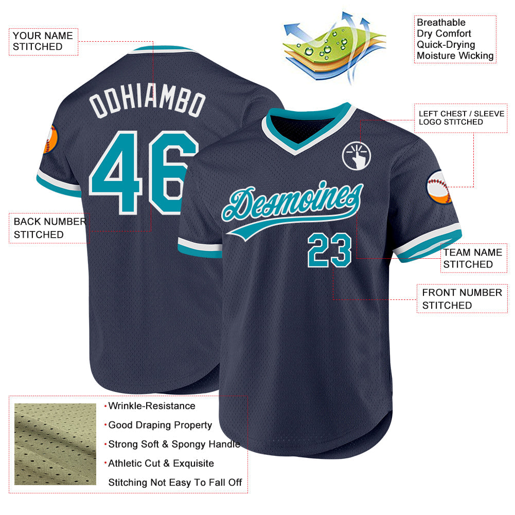 Custom Navy Teal-White Authentic Throwback Baseball Jersey - Sky-Custom