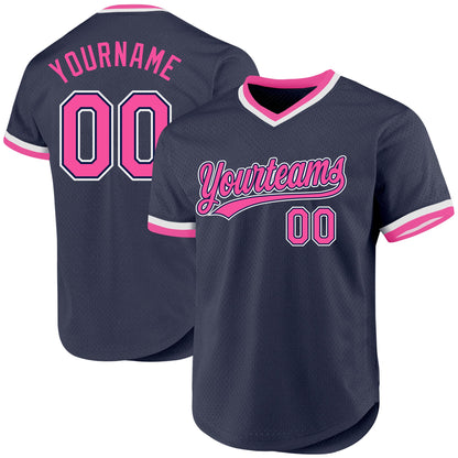 Custom Navy Pink-White Authentic Throwback Baseball Jersey - Sky-Custom