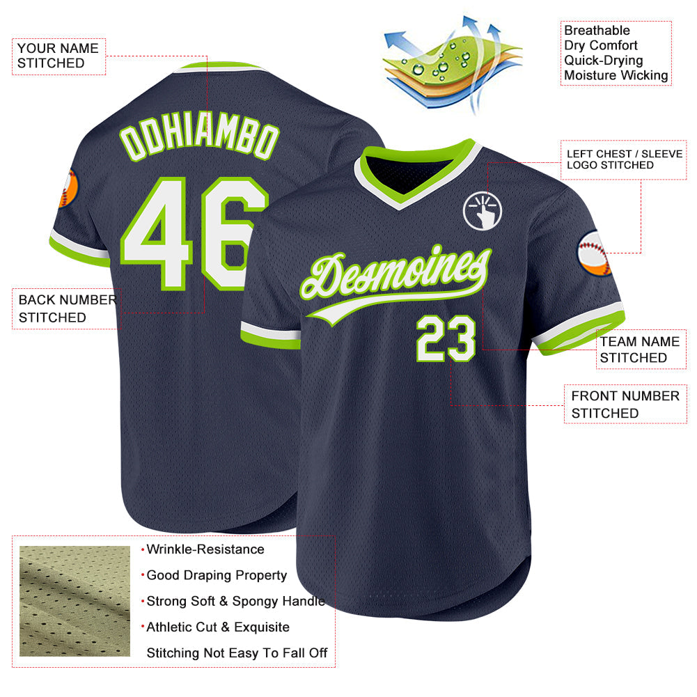 Custom Navy White-Neon Green Authentic Throwback Baseball Jersey - Sky-Custom