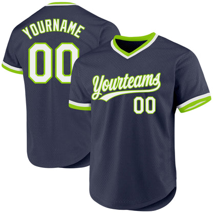 Custom Navy White-Neon Green Authentic Throwback Baseball Jersey - Sky-Custom