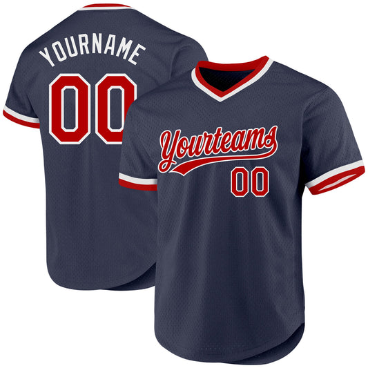 Custom Navy Red-White Authentic Throwback Baseball Jersey - Sky-Custom