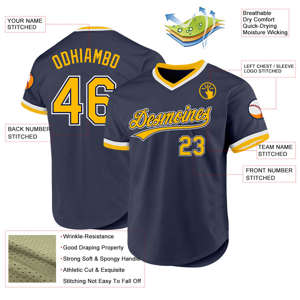 Custom Navy Gold-White Authentic Throwback Baseball Jersey - Sky-Custom