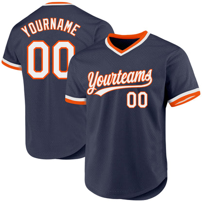 Custom Navy White-Orange Authentic Throwback Baseball Jersey - Sky-Custom