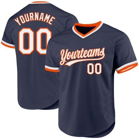 Custom Navy White-Orange Authentic Throwback Baseball Jersey - Sky-Custom