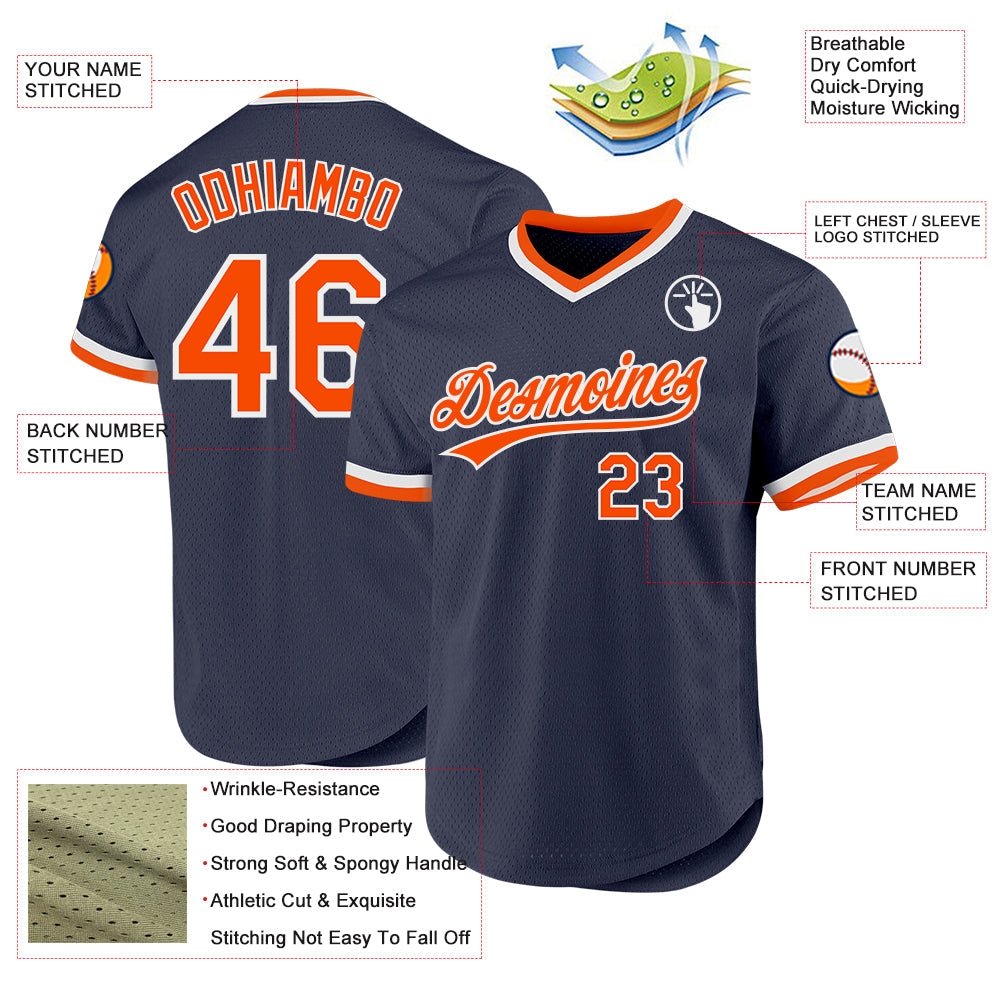 Custom Navy Orange-White Authentic Throwback Baseball Jersey - Sky-Custom