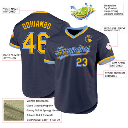 Custom Navy Gold-Light Blue Authentic Throwback Baseball Jersey - Sky-Custom