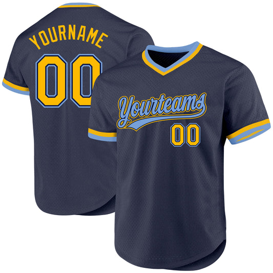 Custom Navy Gold-Light Blue Authentic Throwback Baseball Jersey - Sky-Custom