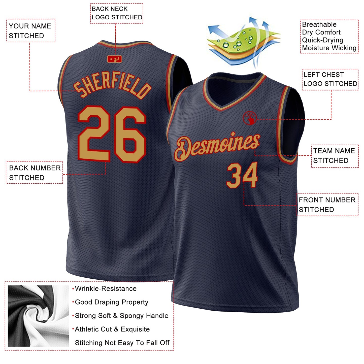 Custom Navy Old Gold-Red Authentic Throwback Basketball Jersey - Sky-Custom