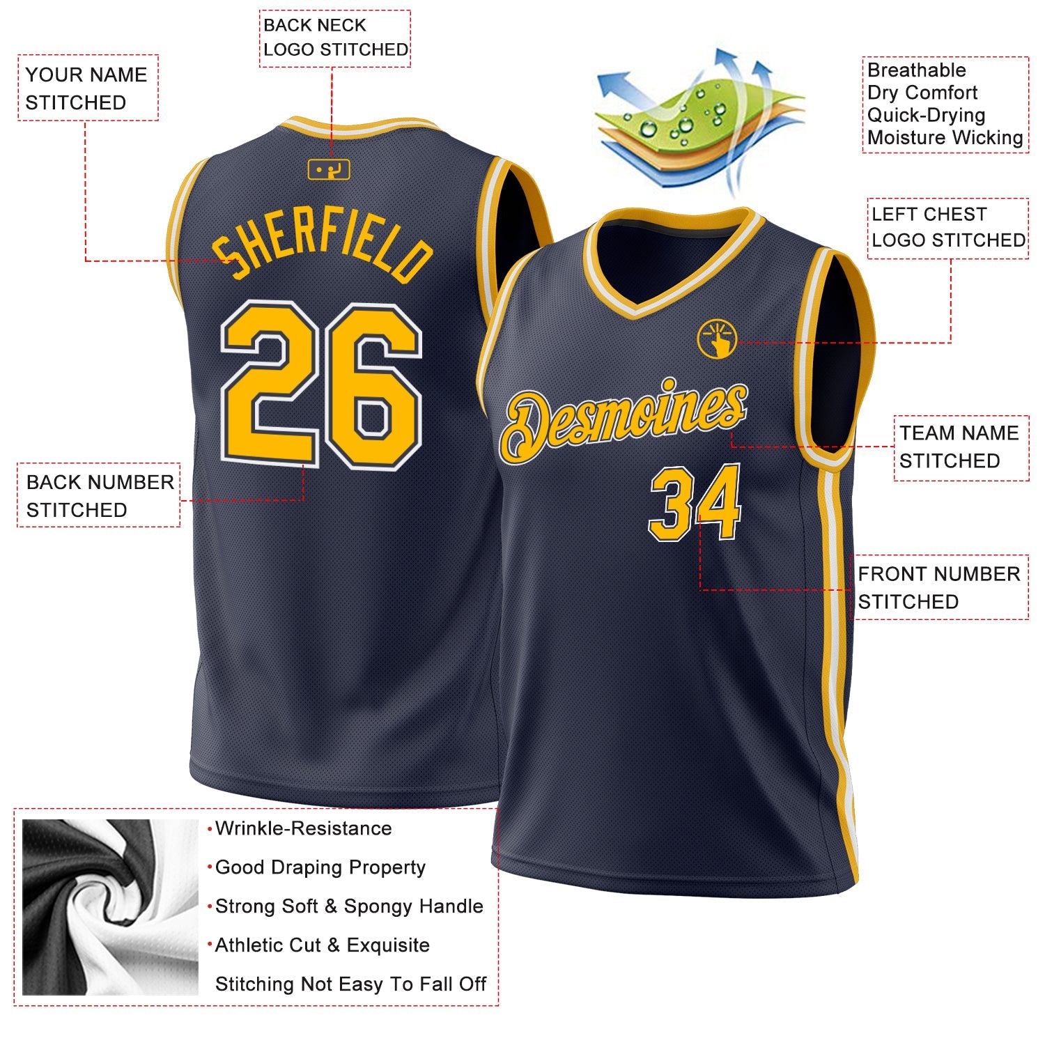 Custom Navy Gold-White Authentic Throwback Basketball Jersey - Sky-Custom