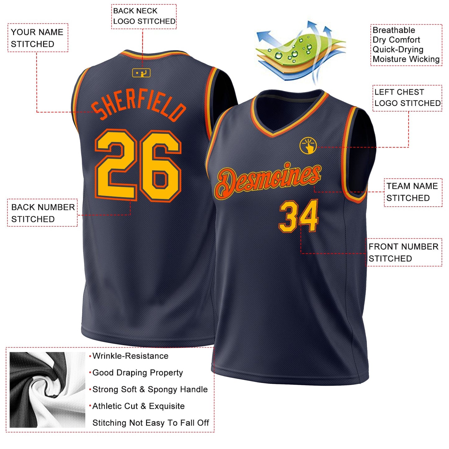 Custom Navy Gold-Orange Authentic Throwback Basketball Jersey - Sky-Custom