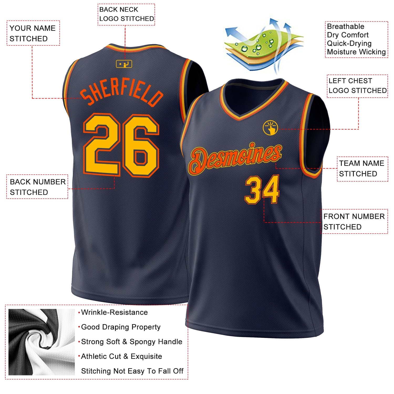Custom Navy Gold-Orange Authentic Throwback Basketball Jersey - Sky-Custom