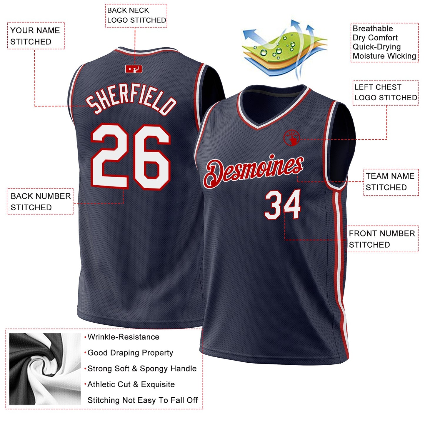Custom Navy White-Red Authentic Throwback Basketball Jersey - Sky-Custom