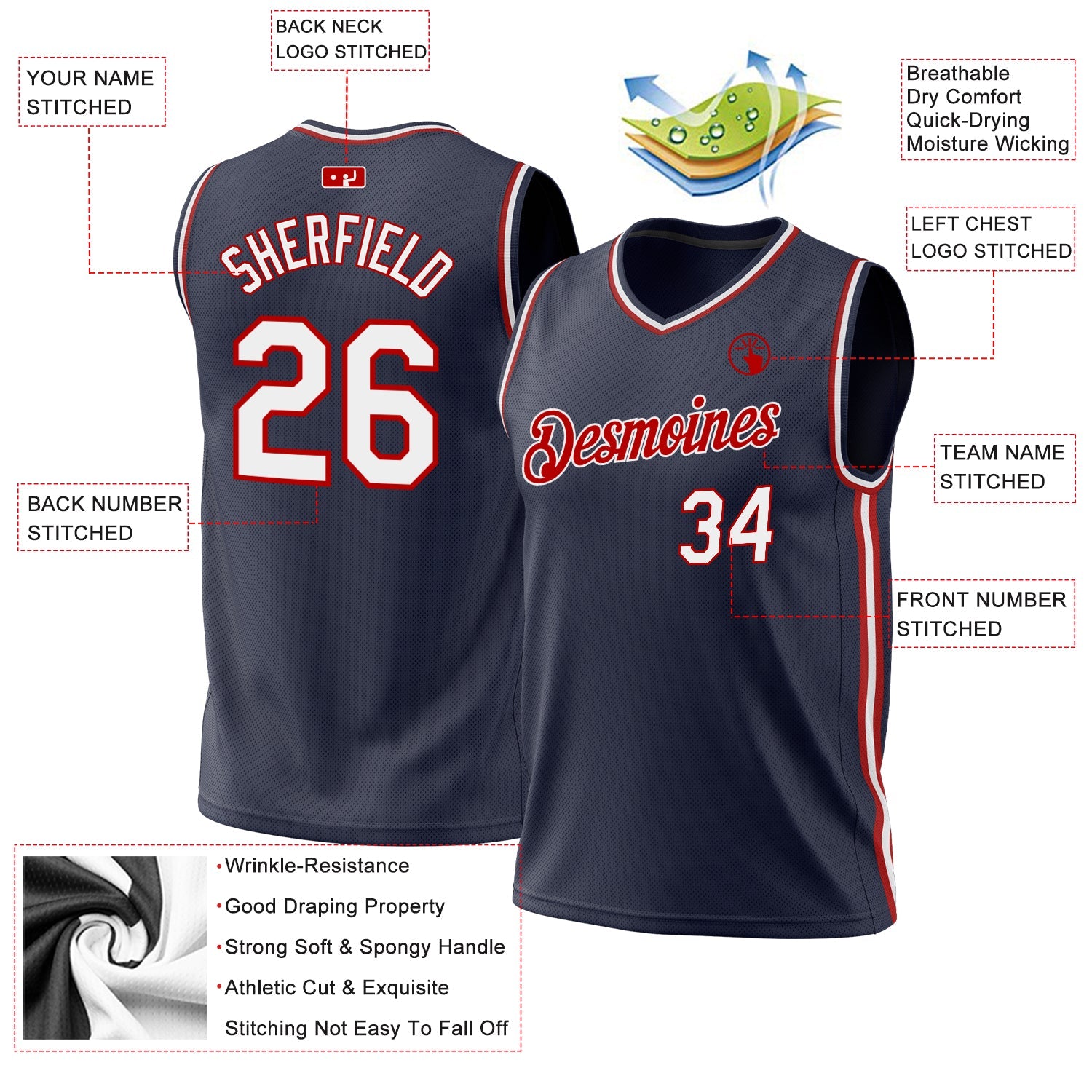 Custom Navy White-Red Authentic Throwback Basketball Jersey - Sky-Custom