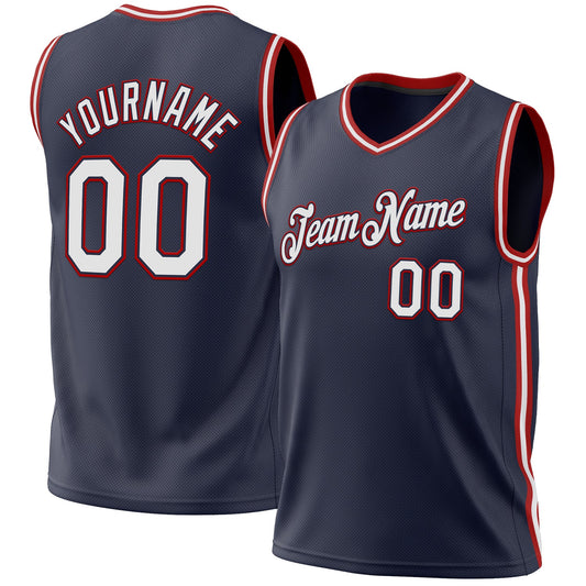 Custom Navy White-Red Authentic Throwback Basketball Jersey - Sky-Custom