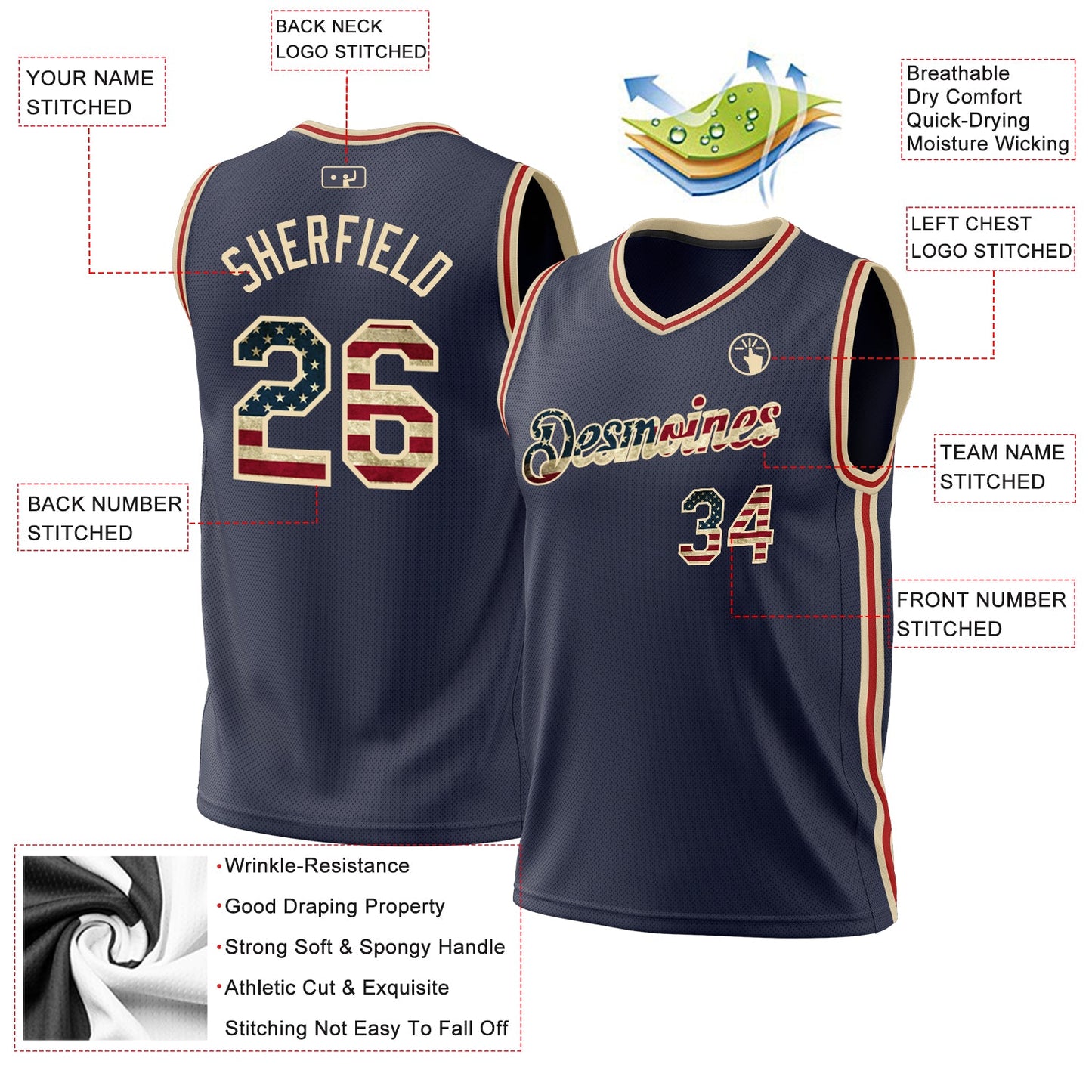 Custom Navy Vintage USA Flag Cream-Red Authentic Throwback Basketball Jersey - Sky-Custom
