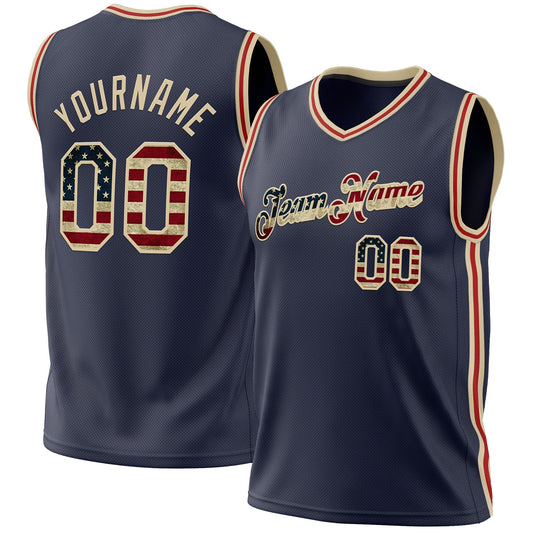 Custom Navy Vintage USA Flag Cream-Red Authentic Throwback Basketball Jersey - Sky-Custom