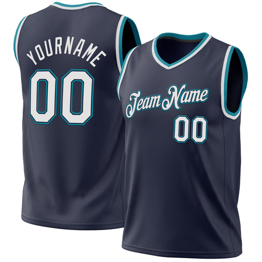 Custom Navy White-Teal Authentic Throwback Basketball Jersey - Sky-Custom