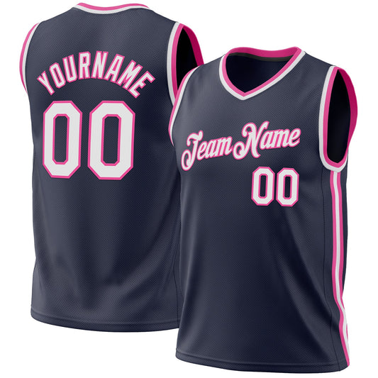 Custom Navy White-Pink Authentic Throwback Basketball Jersey - Sky-Custom