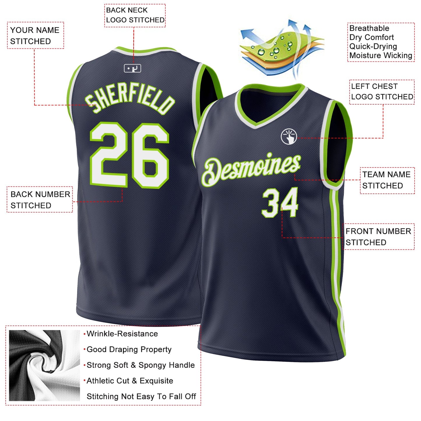 Custom Navy White-Neon Green Authentic Throwback Basketball Jersey - Sky-Custom