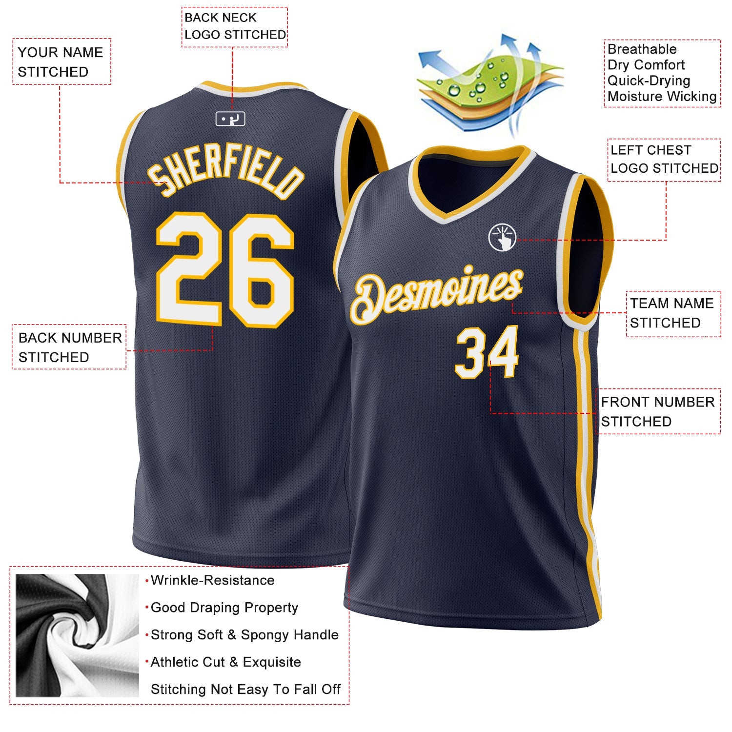 Custom Navy White-Gold Authentic Throwback Basketball Jersey - Sky-Custom