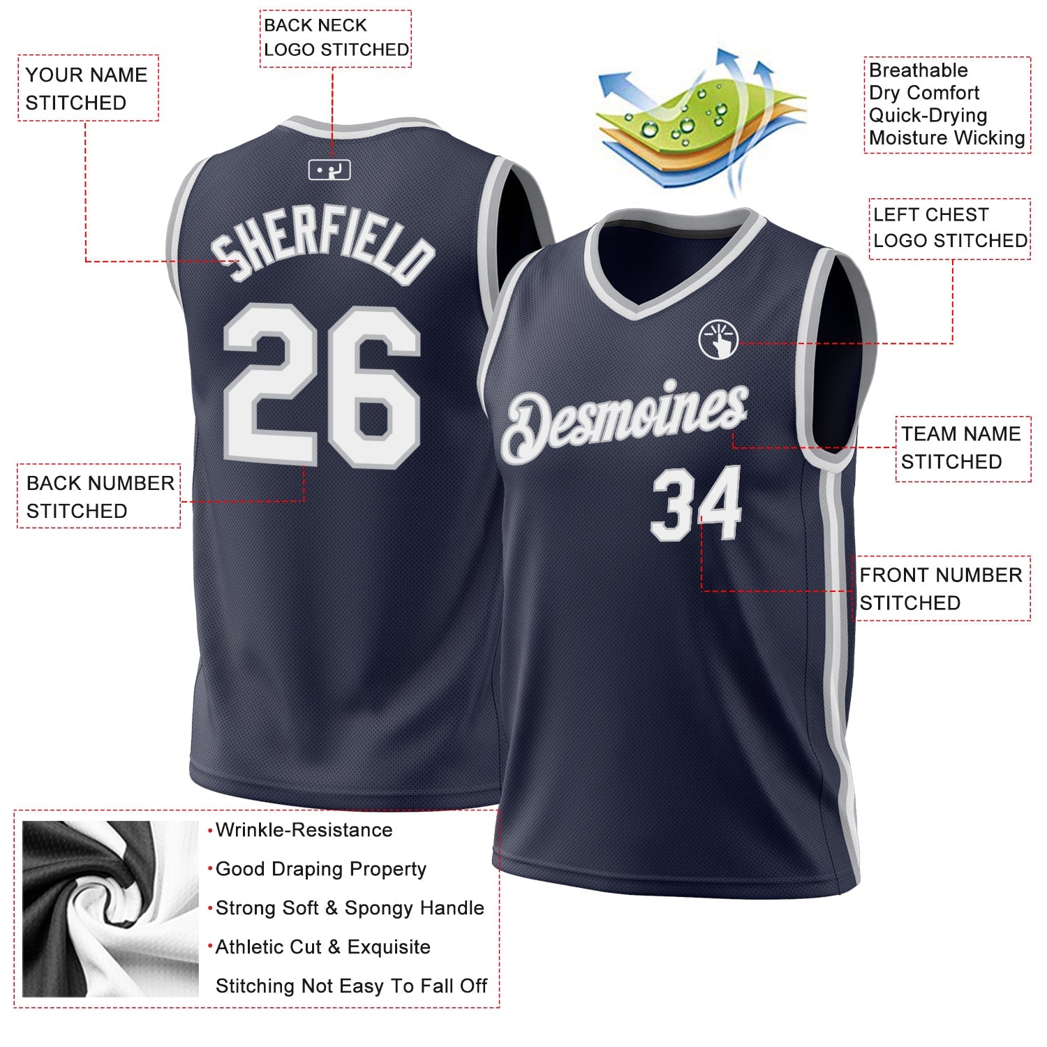 Custom Navy White-Gray Authentic Throwback Basketball Jersey - Sky-Custom