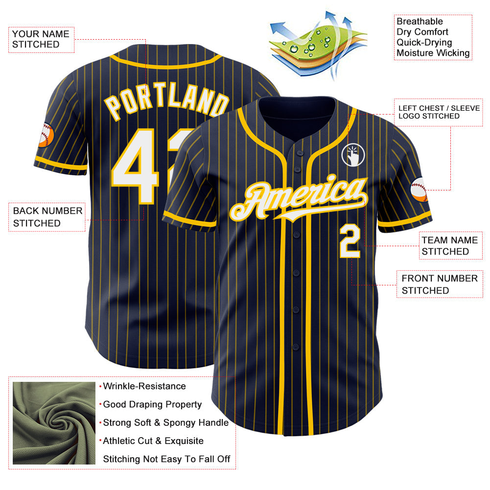 Custom Navy Yellow Pinstripe White Authentic Baseball Jersey - Sky-Custom