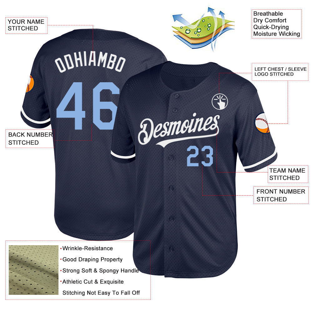 Custom Navy Light Blue-White Mesh Authentic Throwback Baseball Jersey - Sky-Custom