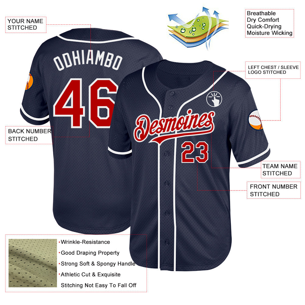 Custom Navy Red-White Mesh Authentic Throwback Baseball Jersey - Sky-Custom