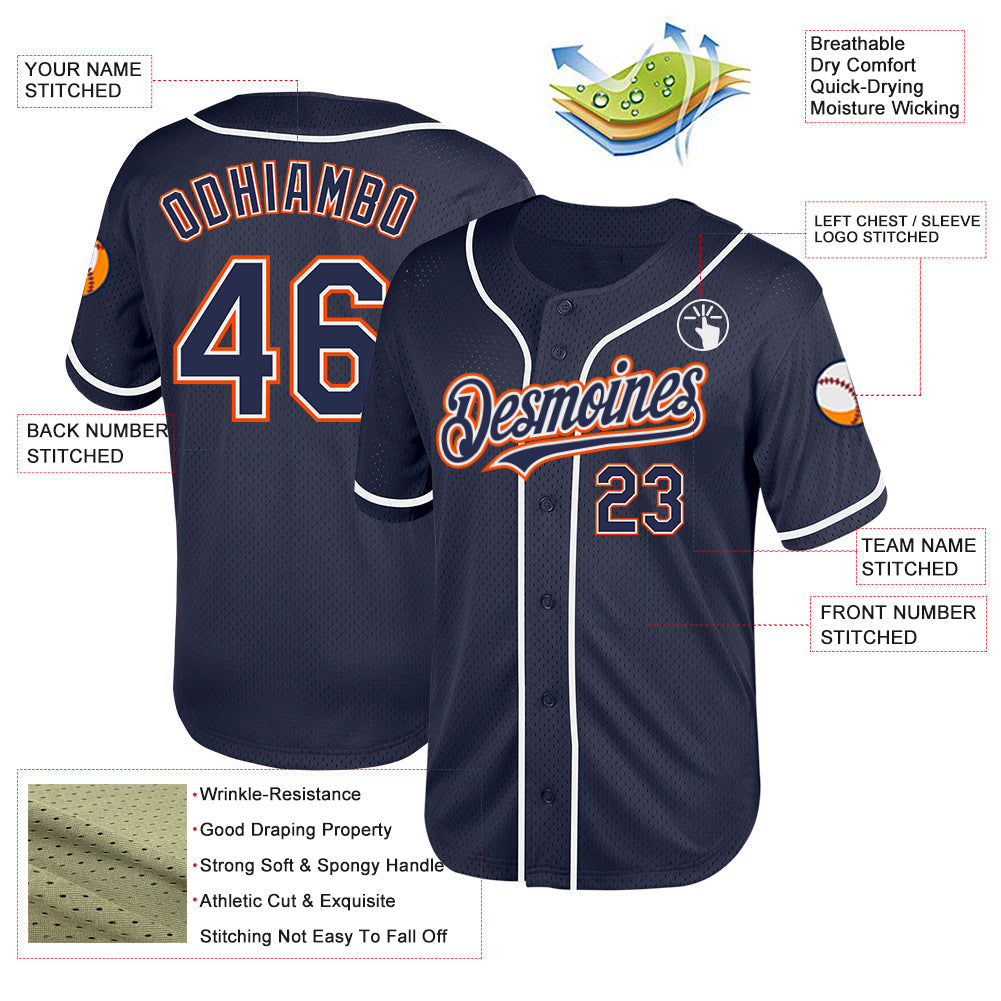 Custom Navy White-Orange Mesh Authentic Throwback Baseball Jersey - Sky-Custom