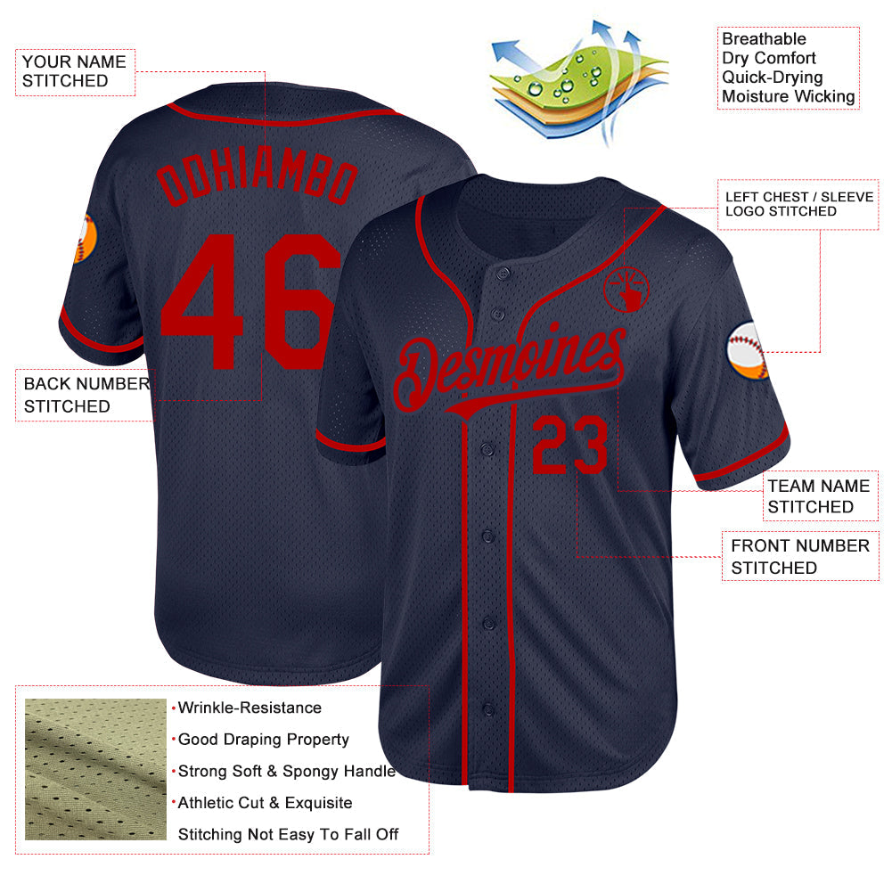 Custom Navy Red Mesh Authentic Throwback Baseball Jersey - Sky-Custom