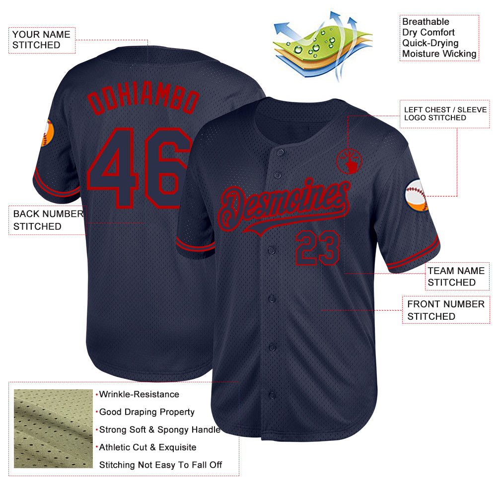 Custom Navy Red Mesh Authentic Throwback Baseball Jersey - Sky-Custom