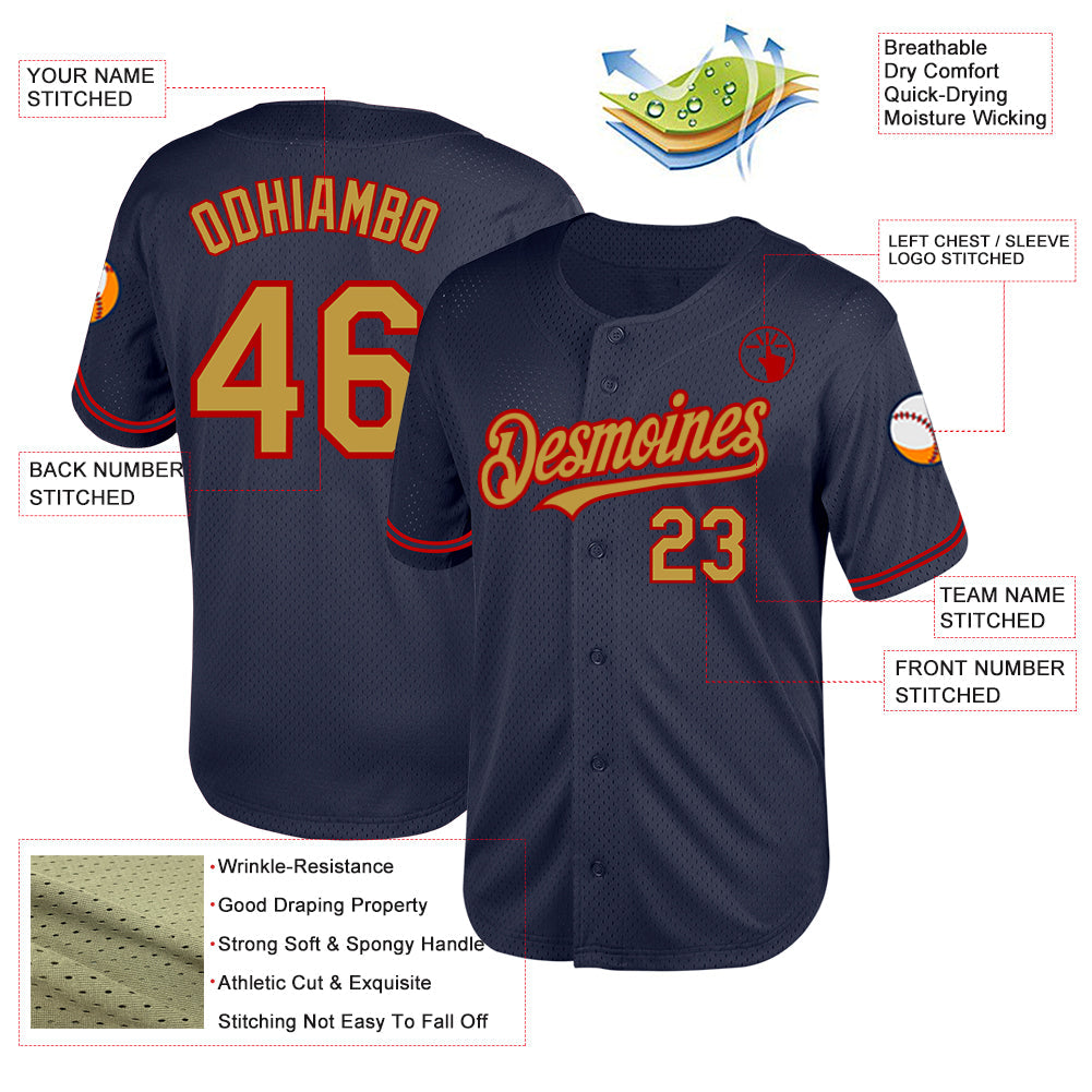 Custom Navy Old Gold-Red Mesh Authentic Throwback Baseball Jersey - Sky-Custom