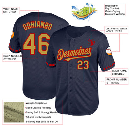 Custom Navy Old Gold-Red Mesh Authentic Throwback Baseball Jersey - Sky-Custom